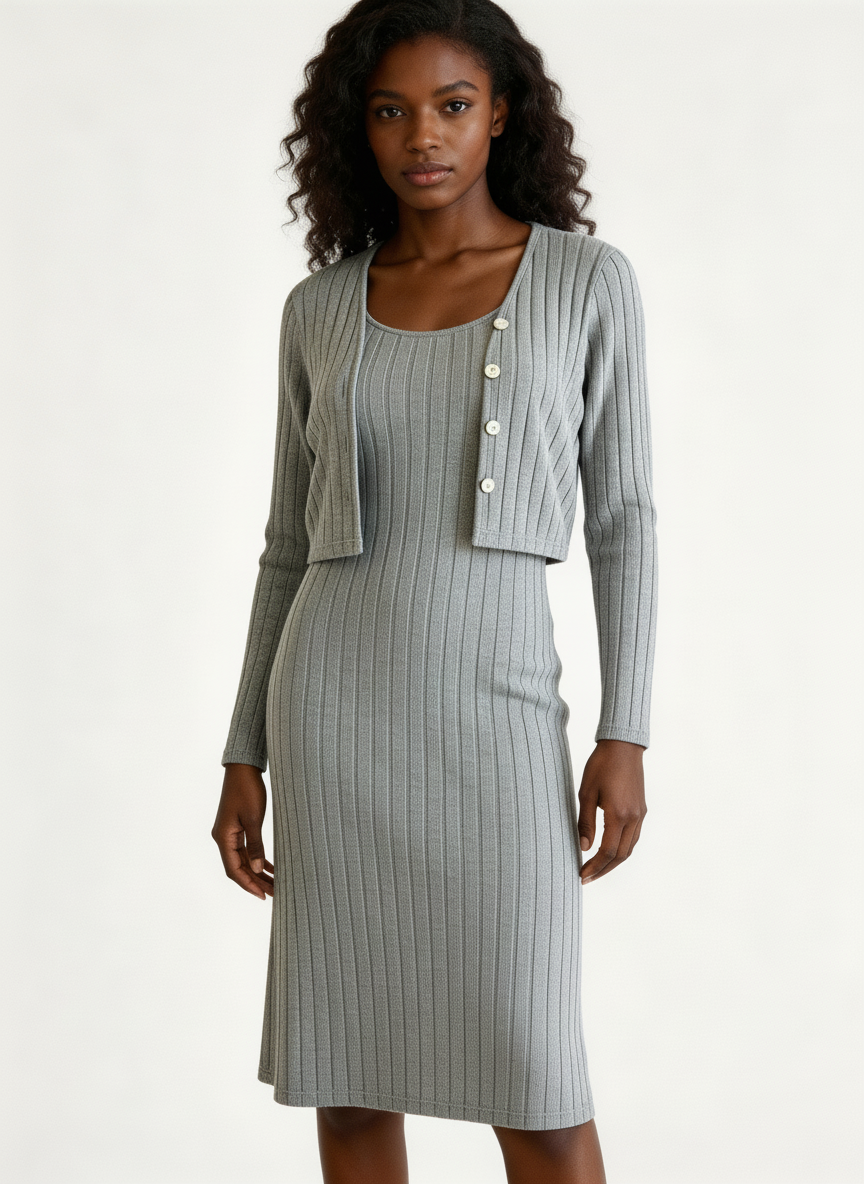 Ribbed Knit Midi Dress & Cardigan Set
