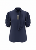Navy Pleated Sleeve Tie-Neck Blouse