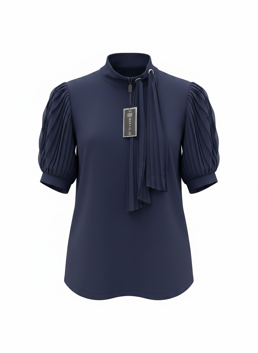Navy Pleated Sleeve Tie-Neck Blouse